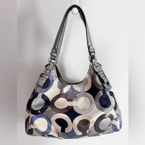 Coach Handbags - Coach Madison OP art scarf print shoulder bag handbag gunmetal leather